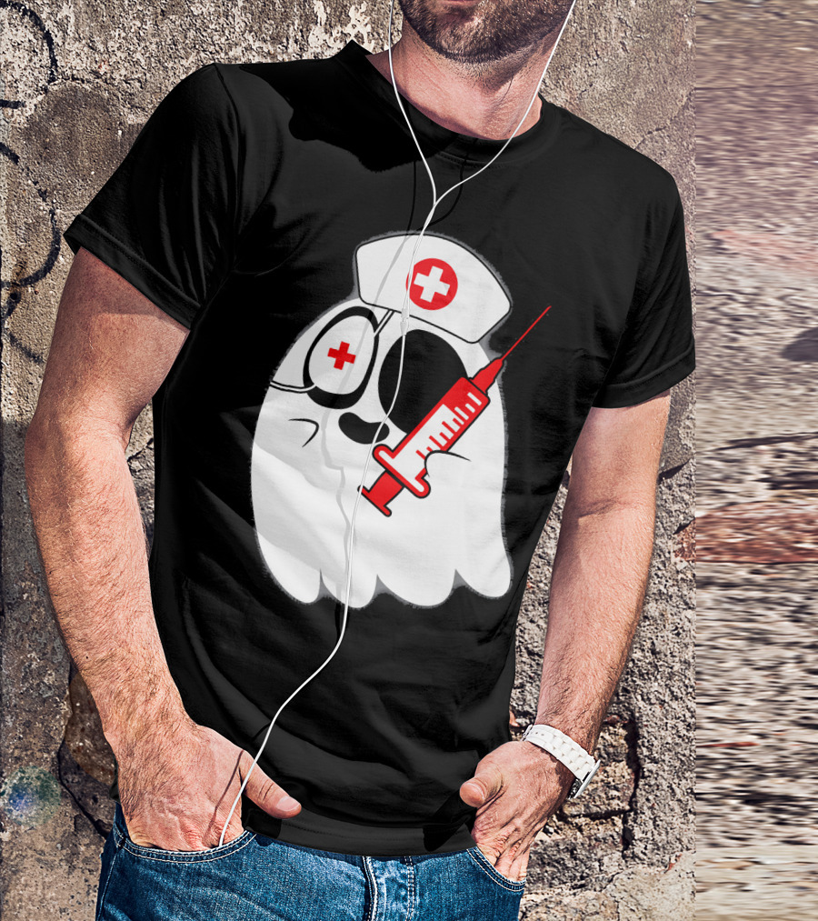 Funny Ghost Nurse Emoji With Syringe Nurse Hat T-Shirt