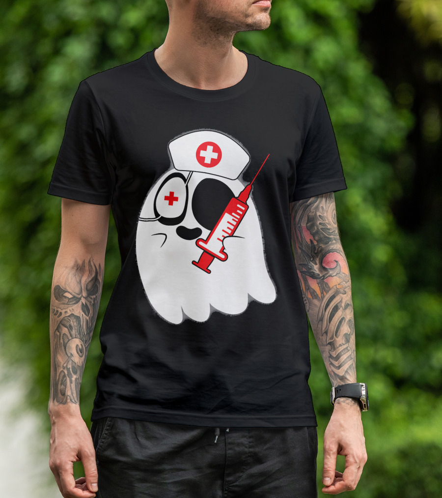 Funny Ghost Nurse Emoji With Syringe Nurse Hat T-Shirt