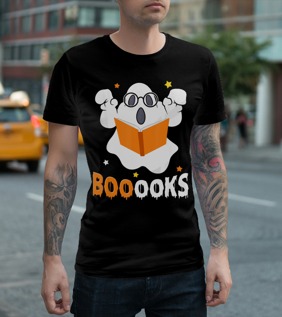 Booooks Ghost With Glasses Holding Orange Book And Stars T-Shirt
