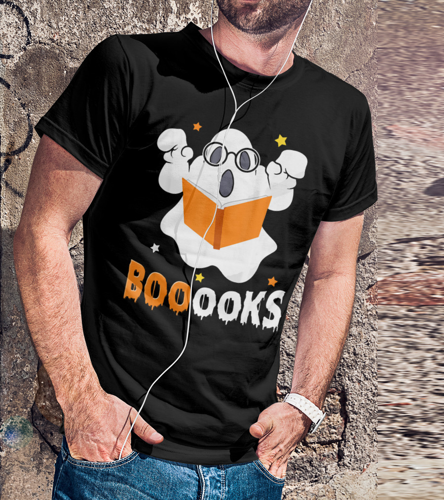 Booooks Ghost With Glasses Holding Orange Book And Stars T-Shirt