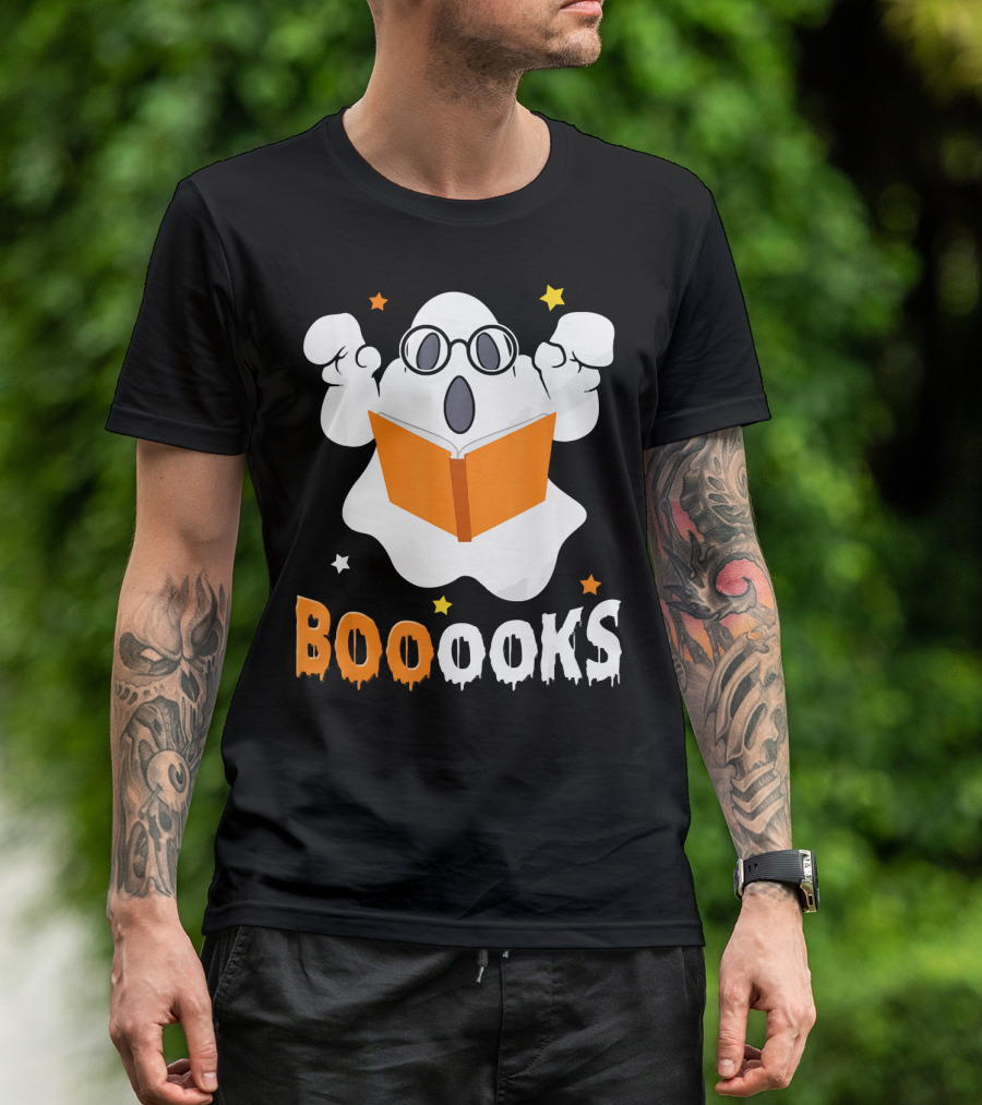 Booooks Ghost With Glasses Holding Orange Book And Stars T-Shirt