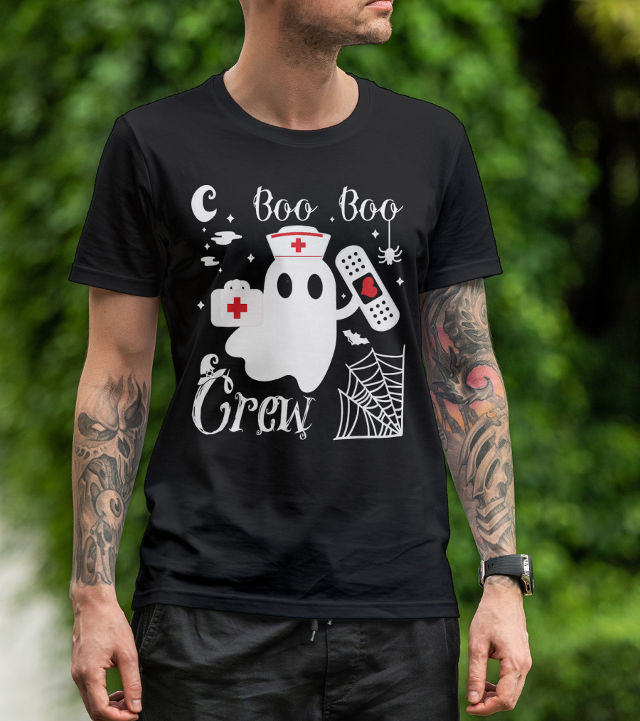 Boo Boo Crew Ghost Nurse With Bandage And Spider Web And Medical Symbols T-Shirt