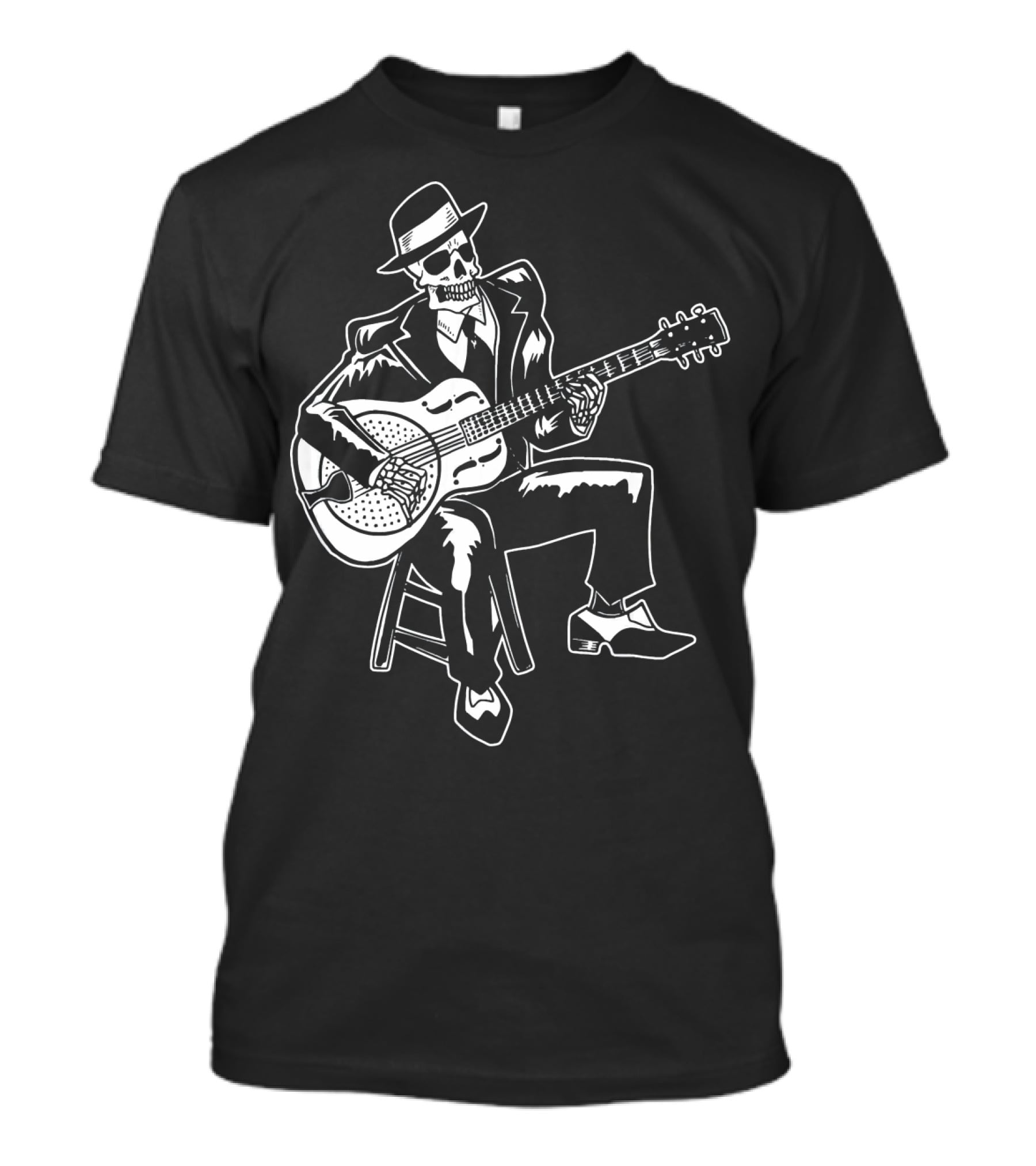 Blues Music Skeleton Playing Guitar With Fedora And Suit T-Shirt