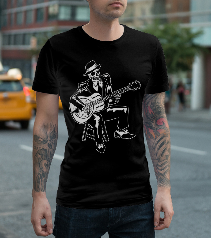 Blues Music Skeleton Playing Guitar with Fedora and Suit T-Shirt