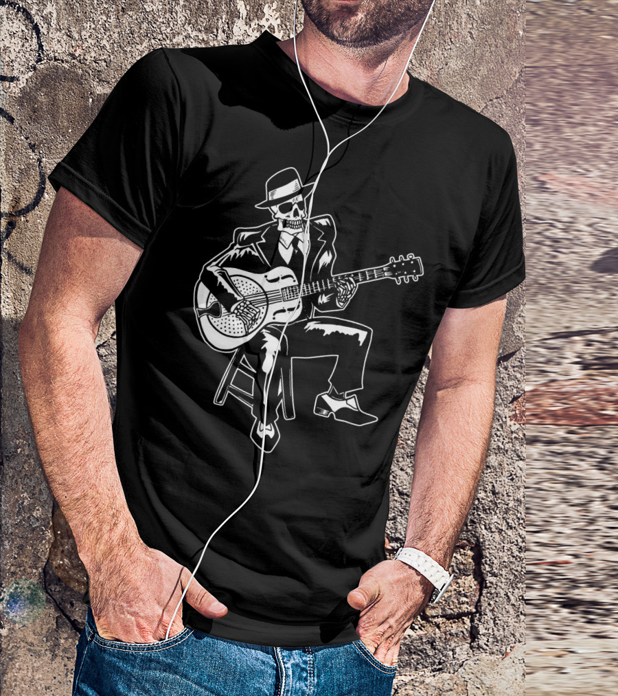 Blues Music Skeleton Playing Guitar With Fedora And Suit T-Shirt