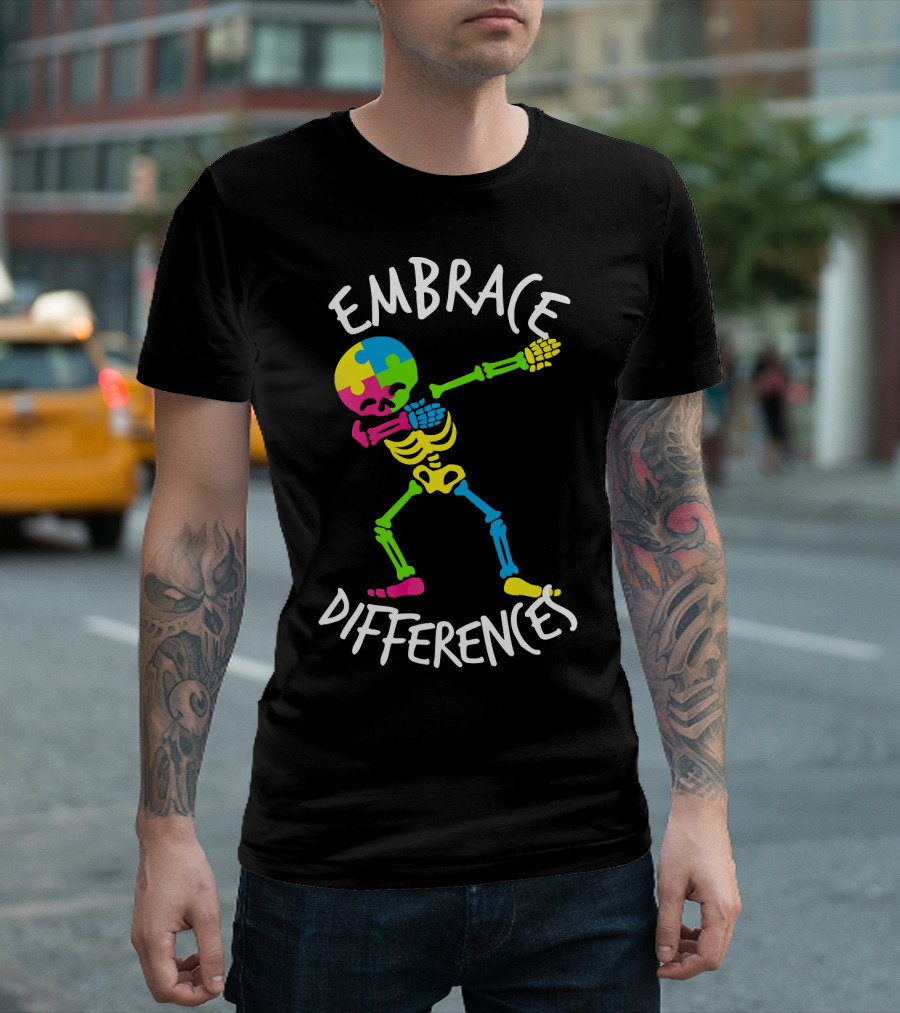 Embrace Differences Autism Awareness Colorful Skeleton Dabbing T-Shirt