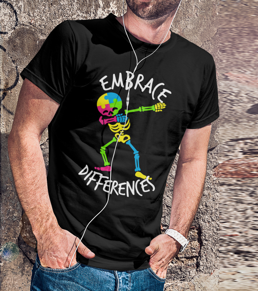 Embrace Differences Autism Awareness Colorful Skeleton Dabbing T-Shirt
