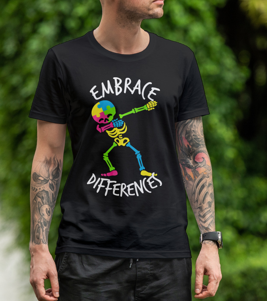 Embrace Differences Autism Awareness Colorful Skeleton Dabbing T-Shirt