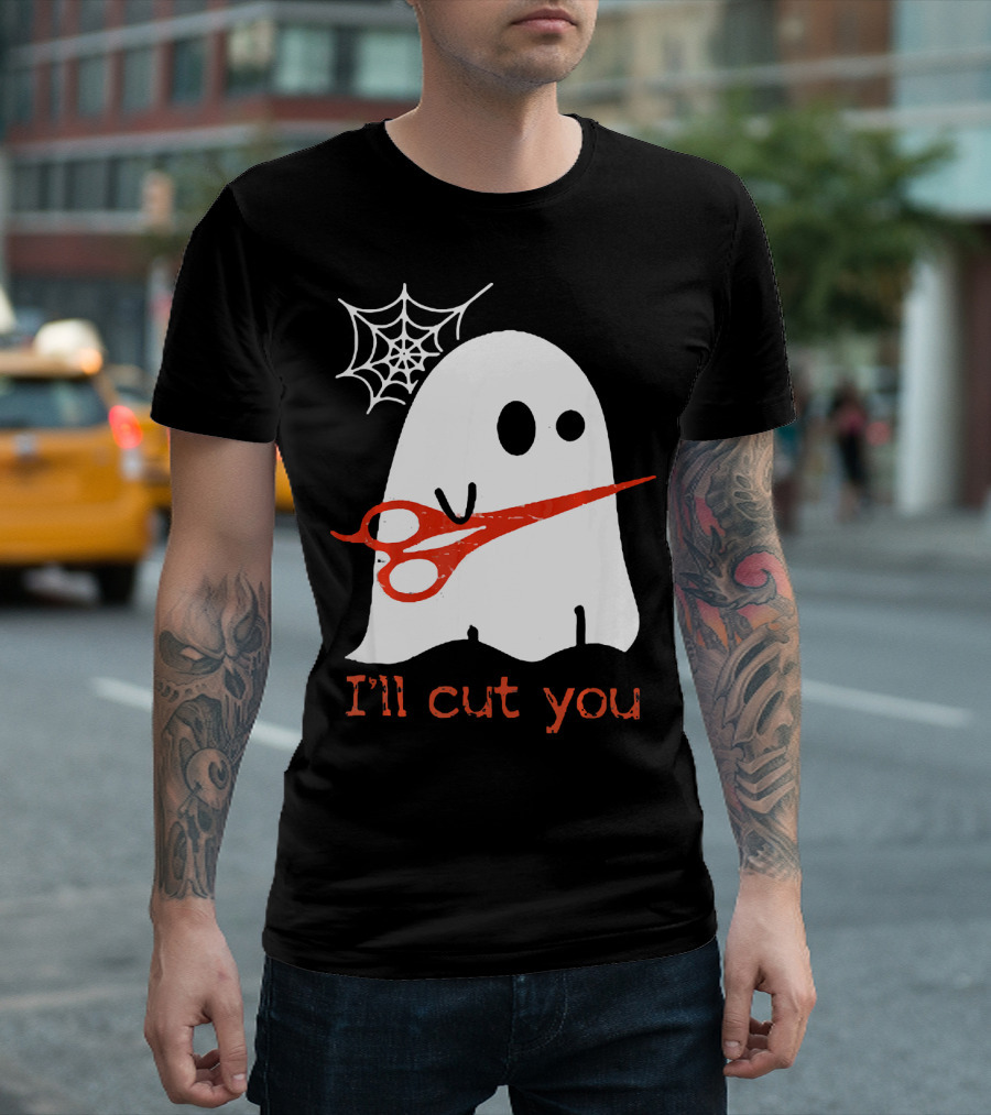 Halloween Ghost I'll Cut You Boo with Scissors and Spiderweb T-Shirt