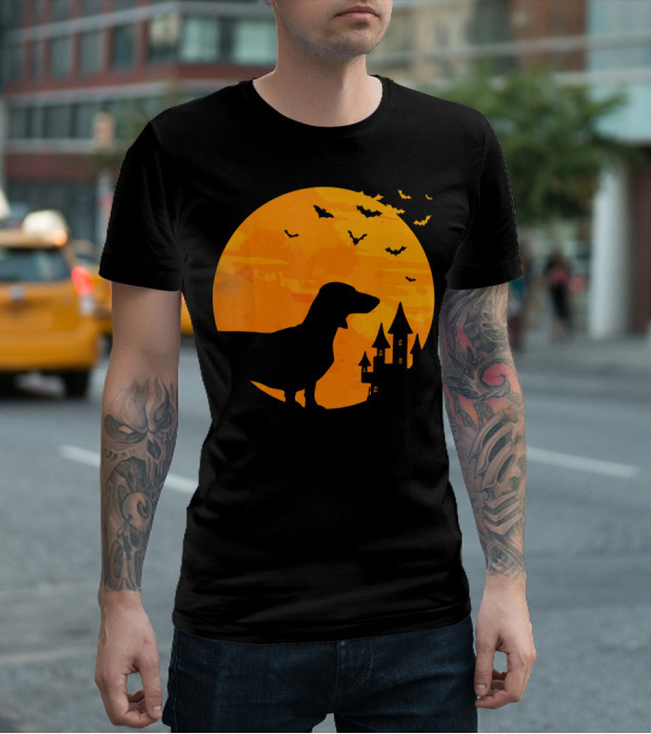 Dachshund Halloween Silhouette With Bats And Haunted Castle T-Shirt
