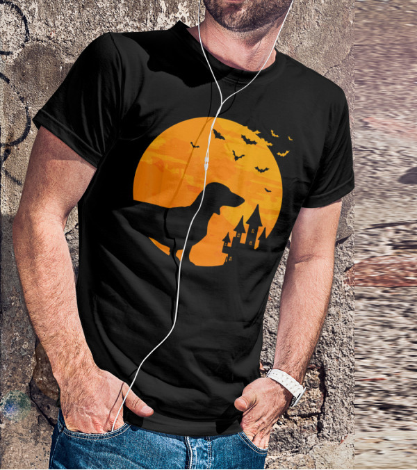 Dachshund Halloween Silhouette With Bats And Haunted Castle T-Shirt