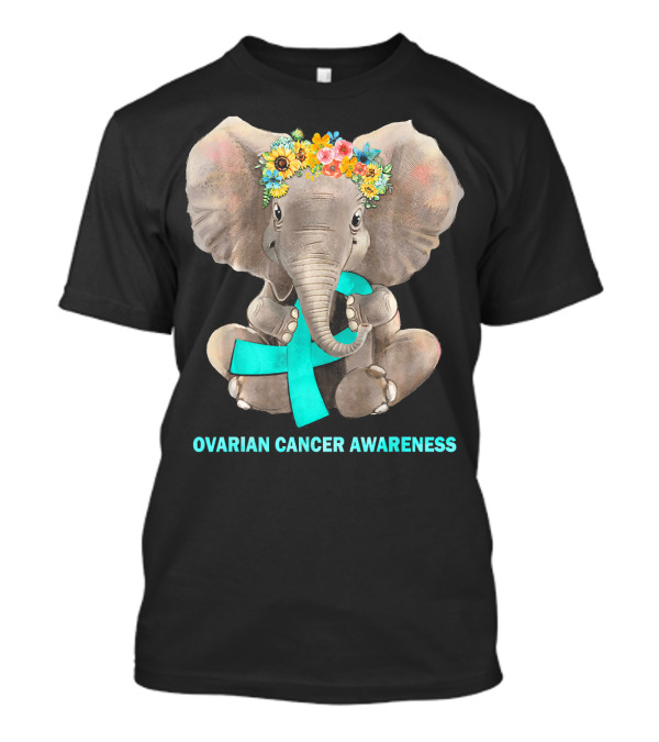 Hippie Elephant Holding Teal Ribbon Ovarian Cancer Awareness T-Shirt
