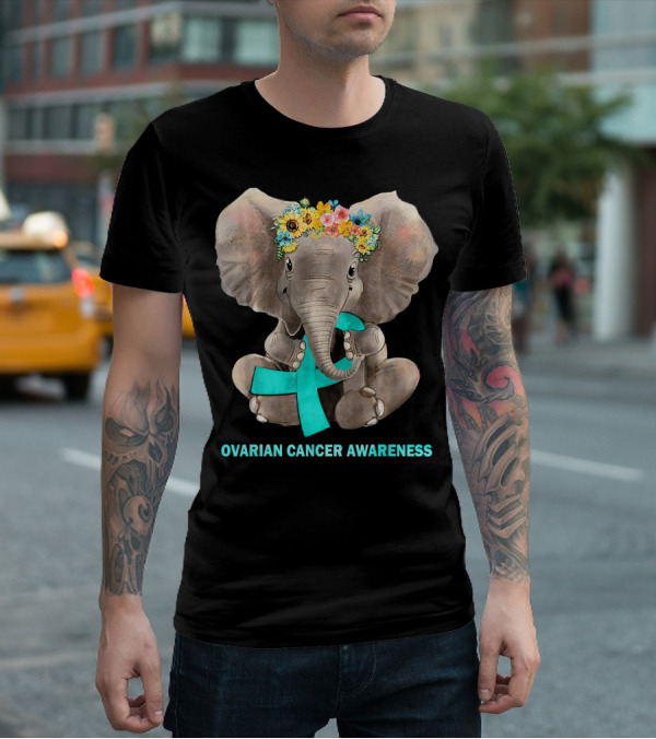 Hippie Elephant Holding Teal Ribbon Ovarian Cancer Awareness T-Shirt