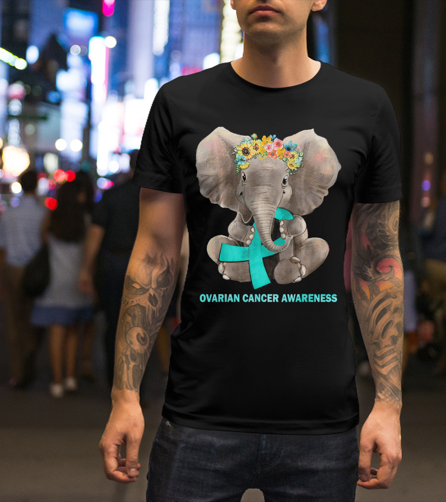 Hippie Elephant Holding Teal Ribbon Ovarian Cancer Awareness T-Shirt