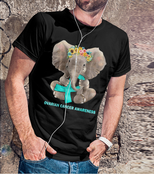 Hippie Elephant Holding Teal Ribbon Ovarian Cancer Awareness T-Shirt