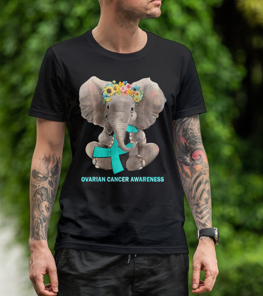 Hippie Elephant Holding Teal Ribbon Ovarian Cancer Awareness T-Shirt