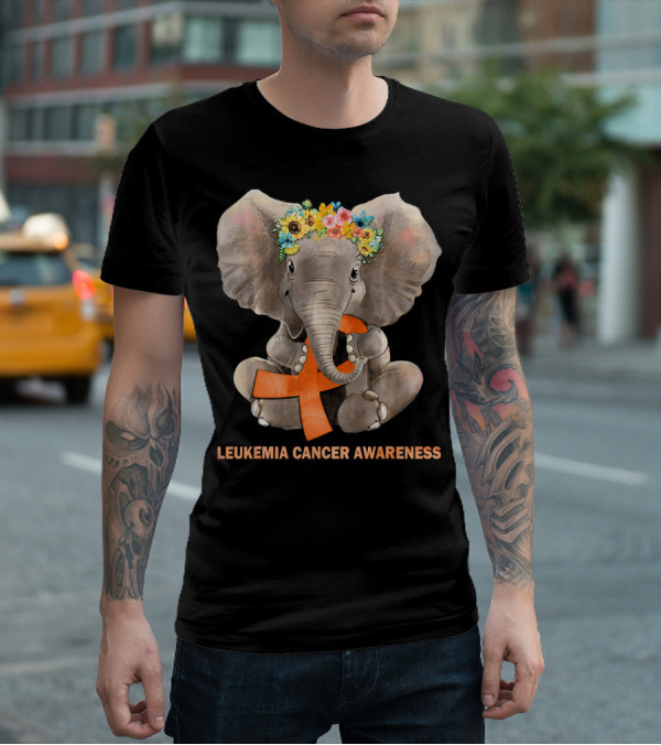 Hippie Elephant With Flower Crown Holding Orange Ribbon Leukemia Cancer Awareness T-Shirt