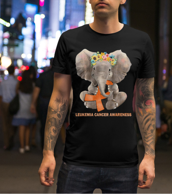 Hippie Elephant With Flower Crown Holding Orange Ribbon Leukemia Cancer Awareness T-Shirt