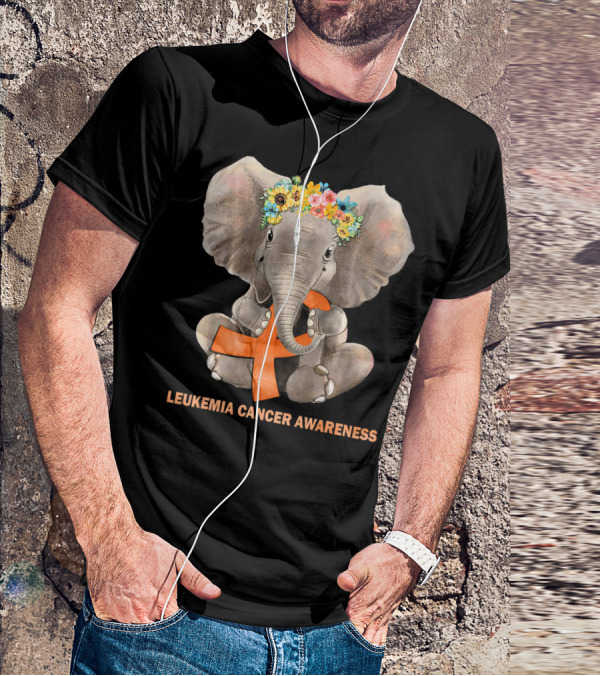 Hippie Elephant With Flower Crown Holding Orange Ribbon Leukemia Cancer Awareness T-Shirt