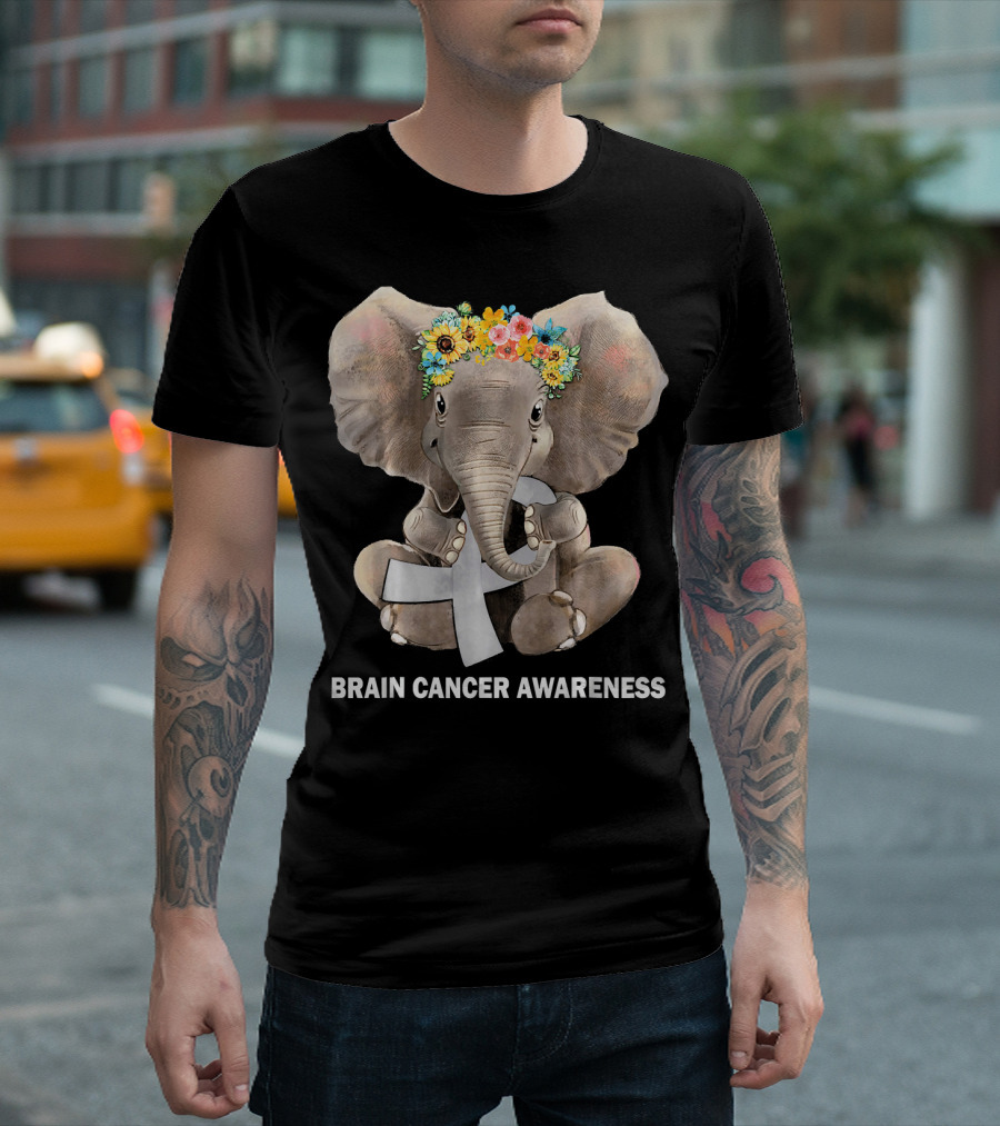 Hippie Elephant Holding Gray Ribbon Brain Cancer Awareness T-Shirt