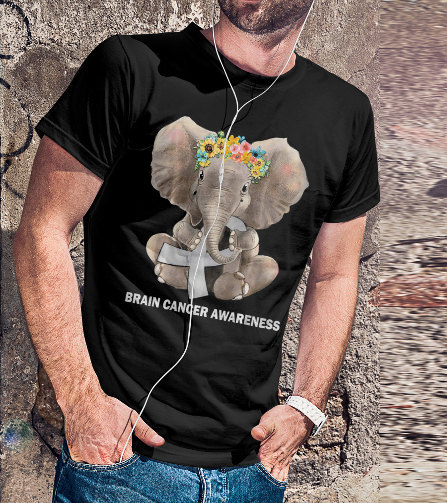 Hippie Elephant Holding Gray Ribbon Brain Cancer Awareness T-Shirt