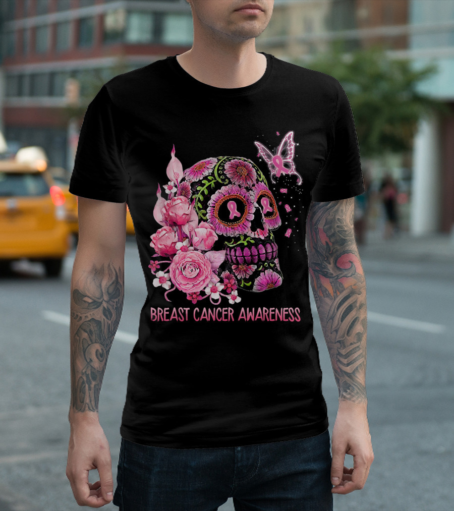 Skull Flower Breast Cancer Awareness Pink Ribbon Butterfly Roses T-Shirt