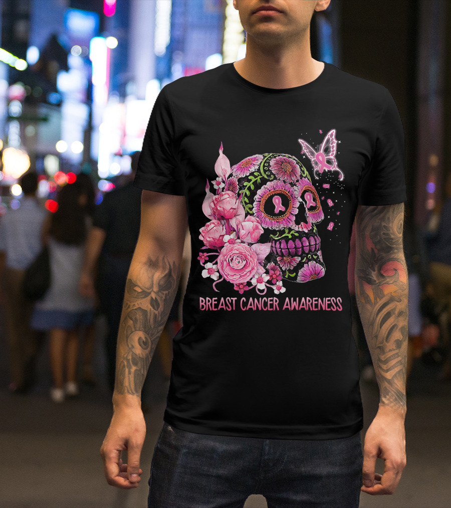 Skull Flower Breast Cancer Awareness Pink Ribbon Butterfly Roses T-Shirt
