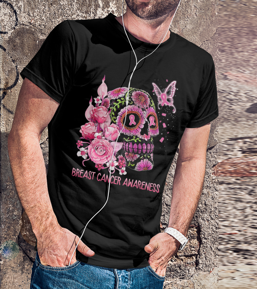 Skull Flower Breast Cancer Awareness Pink Ribbon Butterfly Roses T-Shirt