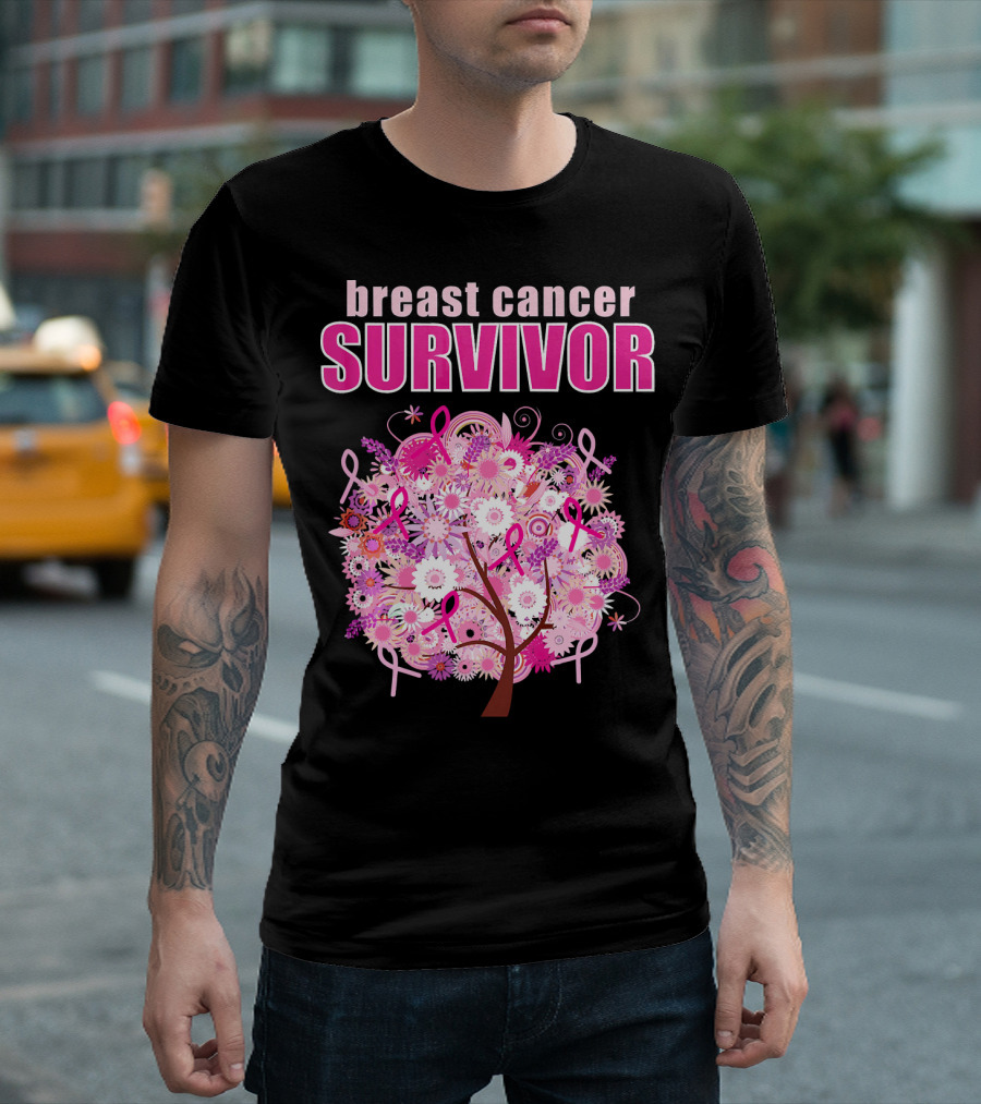 Breast Cancer Survivor Floral Pink Ribbon Tree T-Shirt