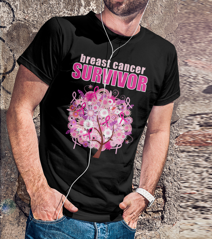 Breast Cancer Survivor Floral Pink Ribbon Tree T-Shirt