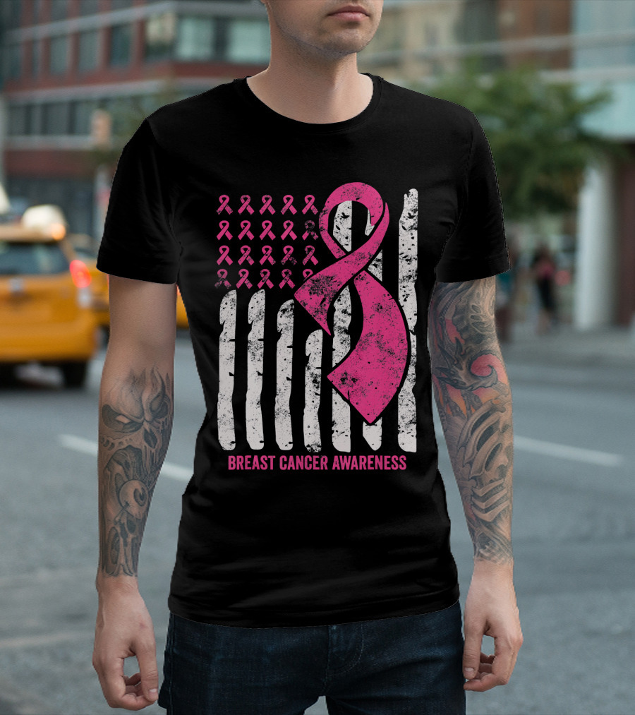 Breast Cancer Awareness Distress Pink Ribbon American Flag T-Shirt