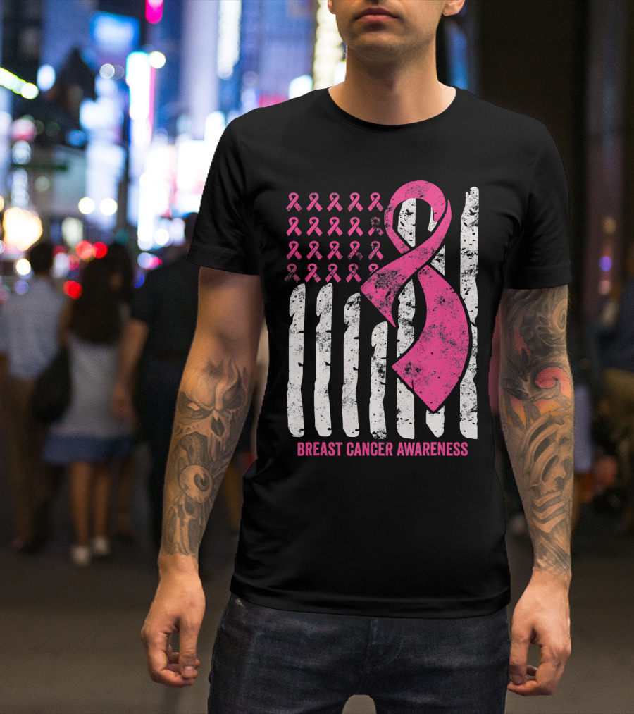 Breast Cancer Awareness Distress Pink Ribbon American Flag T-Shirt