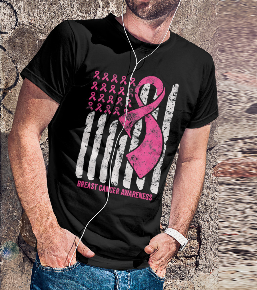 Breast Cancer Awareness Distress Pink Ribbon American Flag T-Shirt