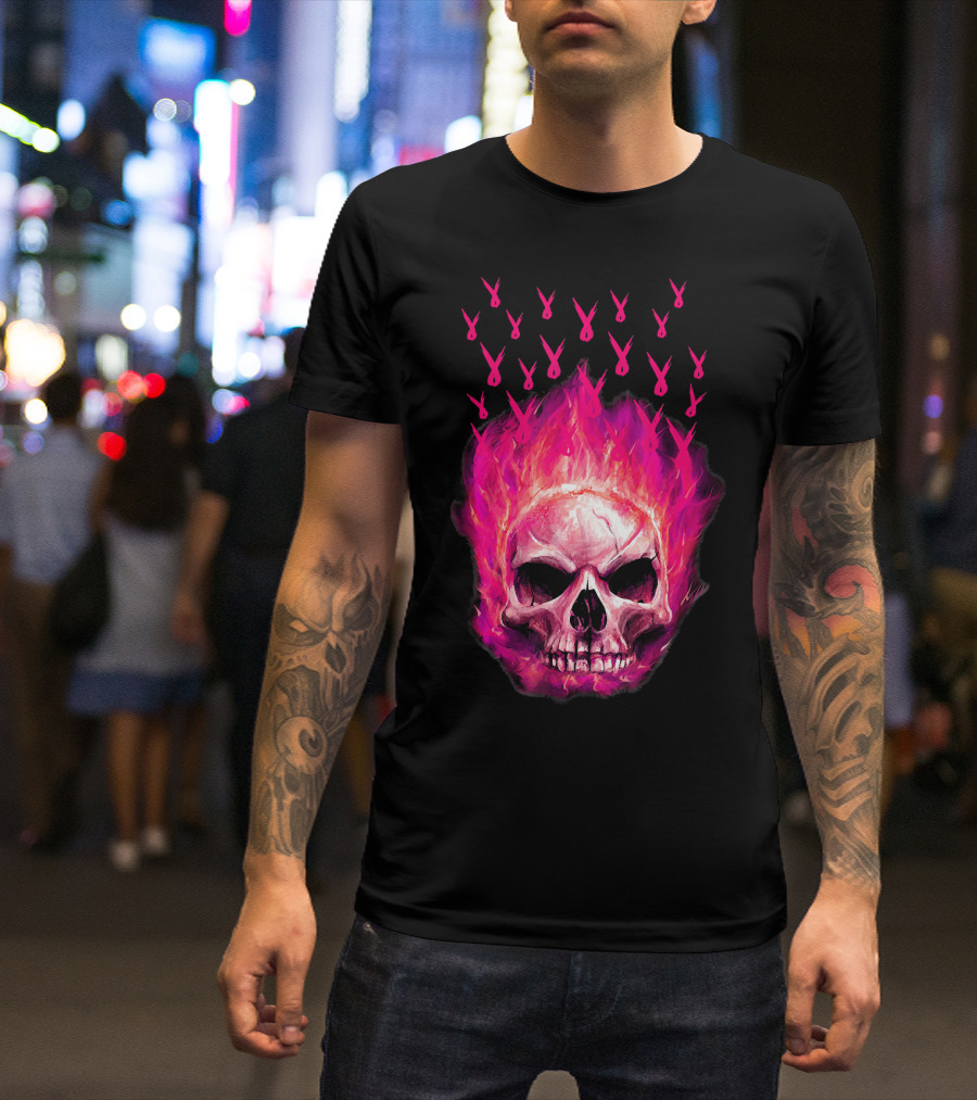 Halloween Skull Flaming Pink Ribbon Breast Cancer Awareness T-Shirt