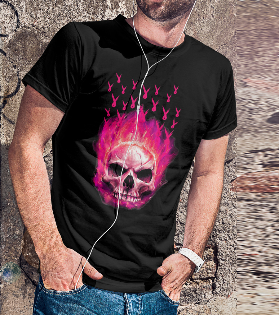 Halloween Skull Flaming Pink Ribbon Breast Cancer Awareness T-Shirt