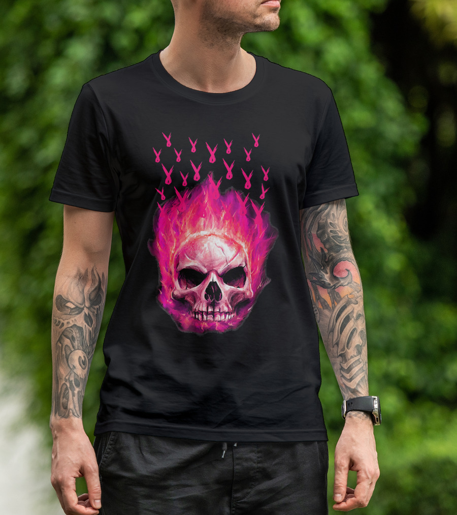 Halloween Skull Flaming Pink Ribbon Breast Cancer Awareness T-Shirt