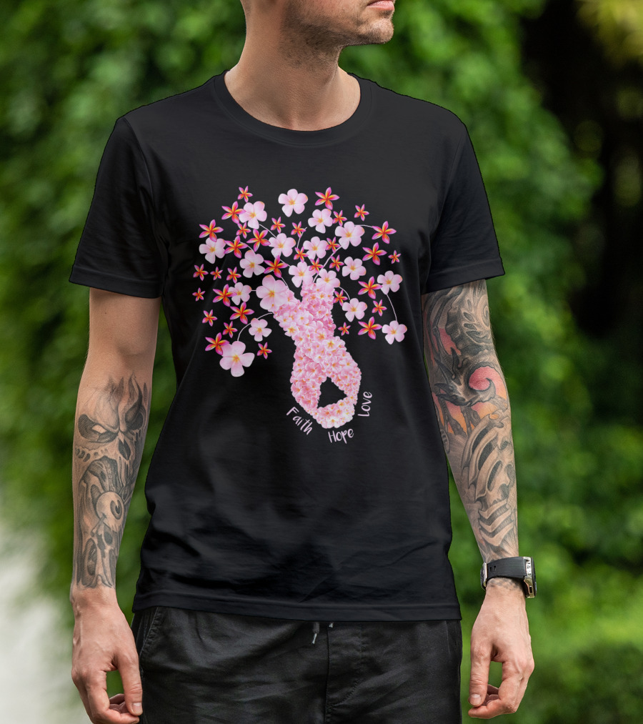 Faith Hope Love Breast Cancer Ribbon Floral Blossoms T-Shirt
