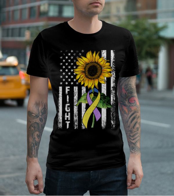 USA Flag Sunflower Fight Ribbon Bladder Cancer T-Shirt