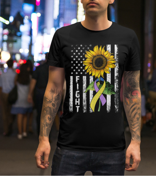 USA Flag Sunflower Fight Ribbon Bladder Cancer T-Shirt