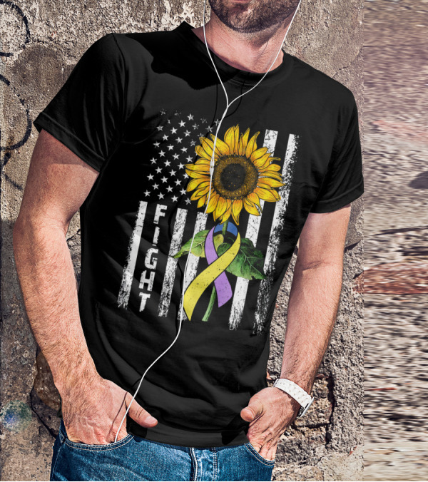 USA Flag Sunflower Fight Ribbon Bladder Cancer T-Shirt
