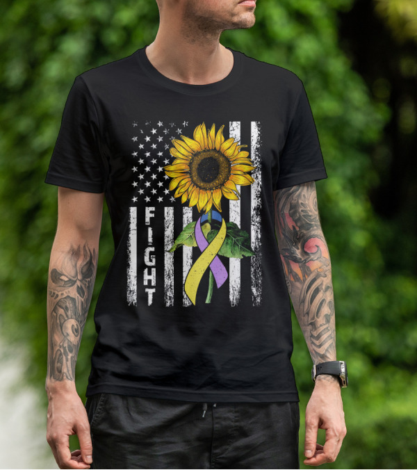 USA Flag Sunflower Fight Ribbon Bladder Cancer T-Shirt