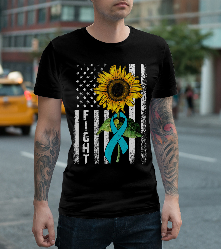 America Flag Sunflower Teal Ribbon Ovari Fight T-Shirt