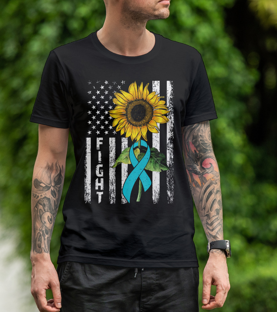 America Flag Sunflower Teal Ribbon Ovari Fight T-Shirt