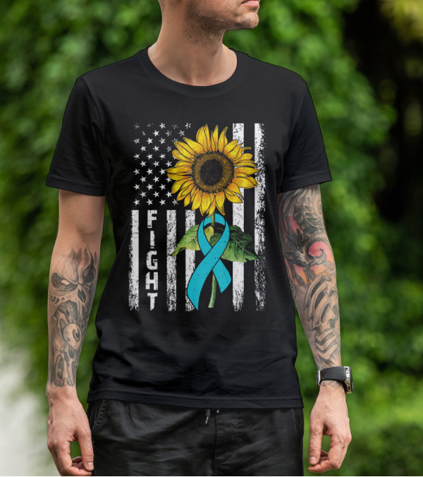 America Flag Sunflower Teal Ribbon Ovari Fight T-Shirt
