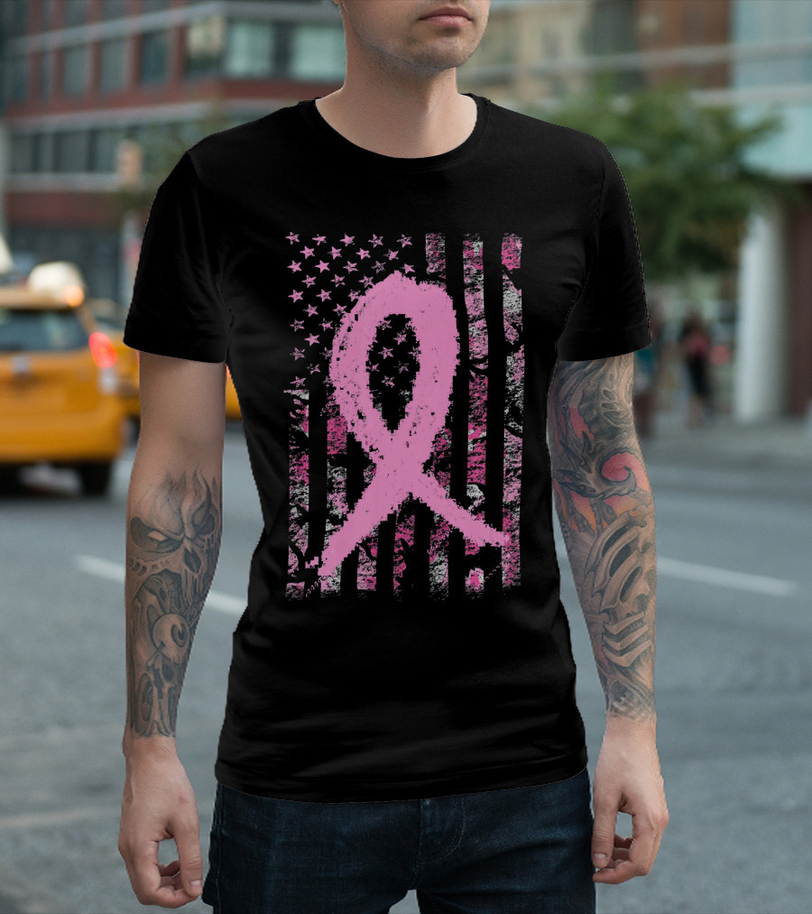 Pink Breast Cancer Ribbon Camouflage American Flag T-Shirt