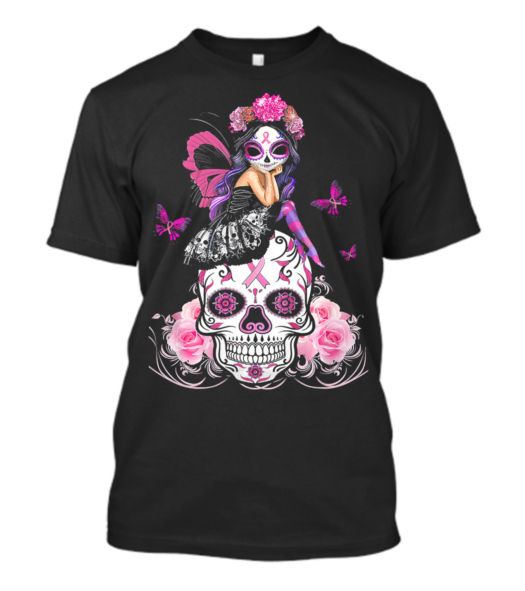 Cute Fairy Sugar Skull Breast Cancer Awareness T-Shirt