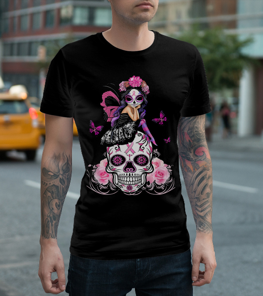 Cute Fairy Sugar Skull Breast Cancer Awareness T-Shirt