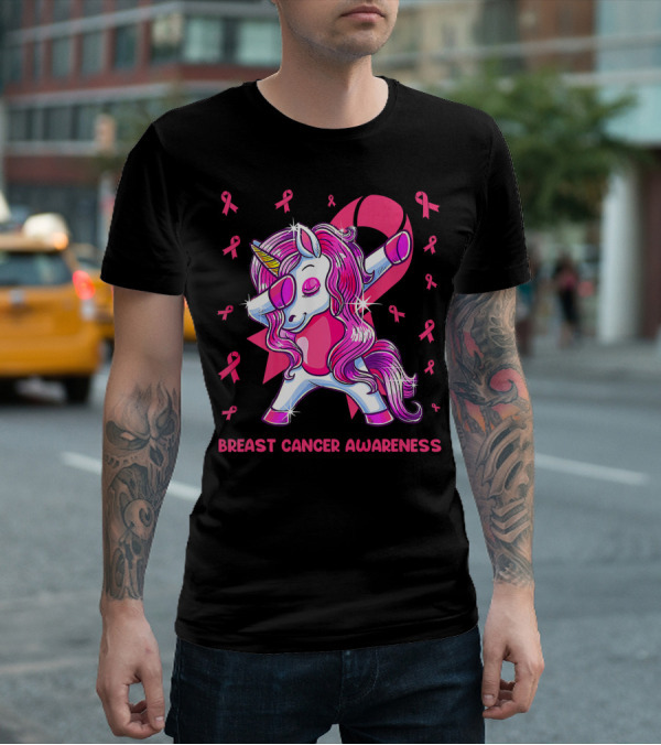 Breast Cancer Awareness Dabbing Unicorn Pink T-Shirt