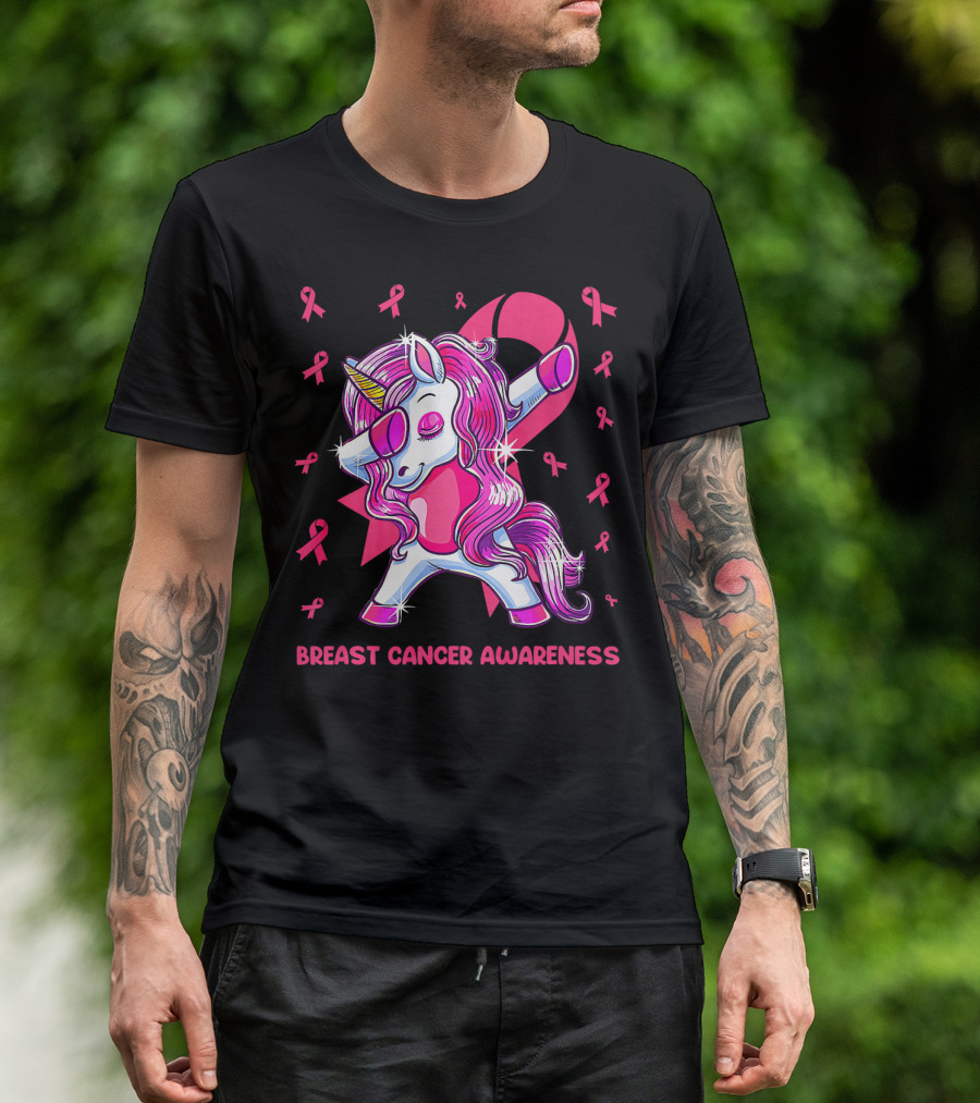 Breast Cancer Awareness Dabbing Unicorn Pink T-Shirt