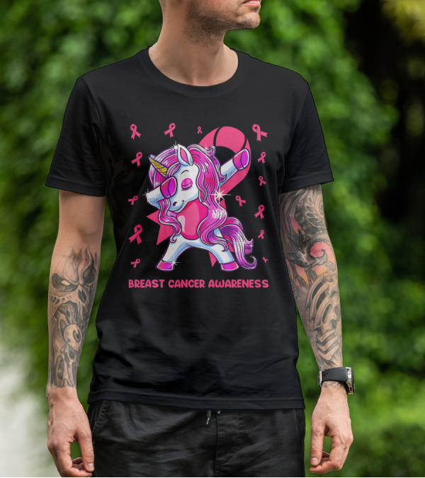 Breast Cancer Awareness Dabbing Unicorn Pink T-Shirt